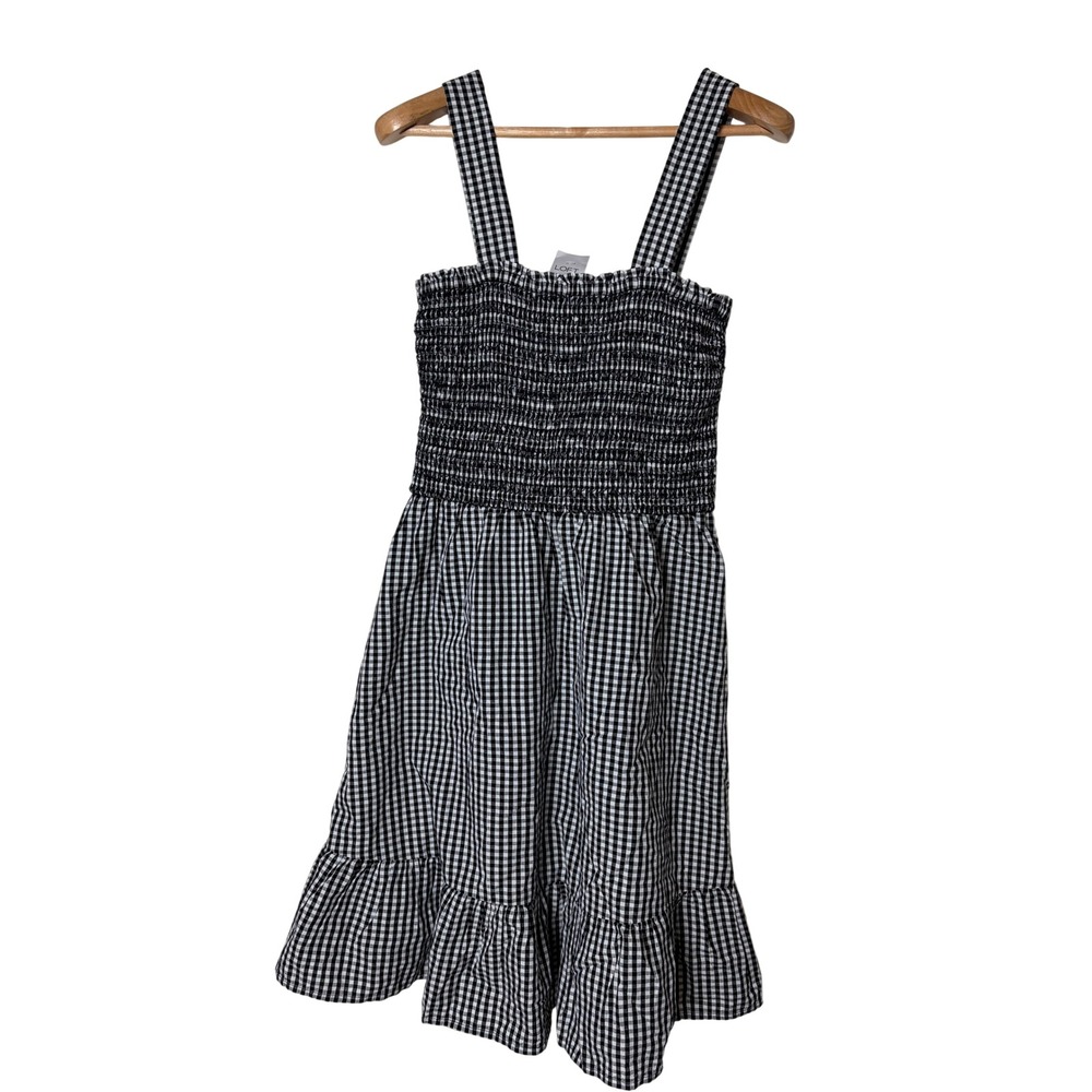 LOFT Gingham Smocked Bodice Midi Dress Black White Ruffle Hem XS